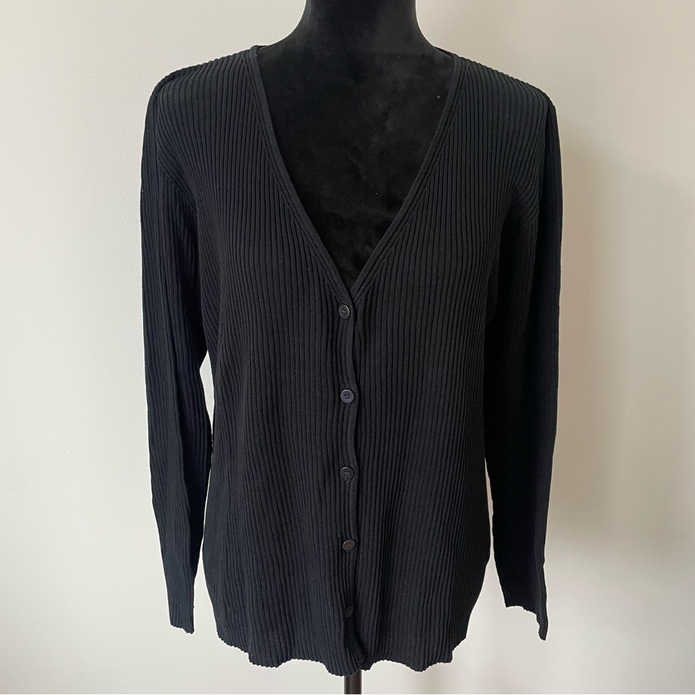 Eileen Fisher Black System 100% Cotton Ribbed V-Neck Button Front Cardigan Sz L - Picture 1 of 7